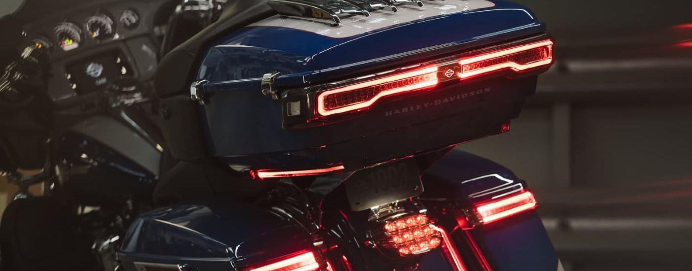 A close up shows the taillight on a black 2022 Harley-Davidson Ultra Limited.