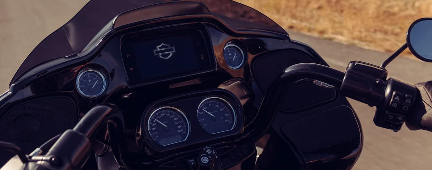 The gauges on a 2023 Harley-Davidson Road Glide Special are shown while parked on the side of a …