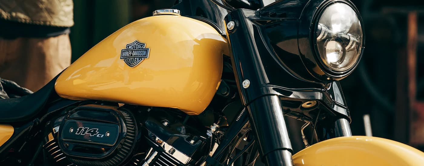 A close up of the front of a yellow 2023 Harley-Davidson Road King Special.